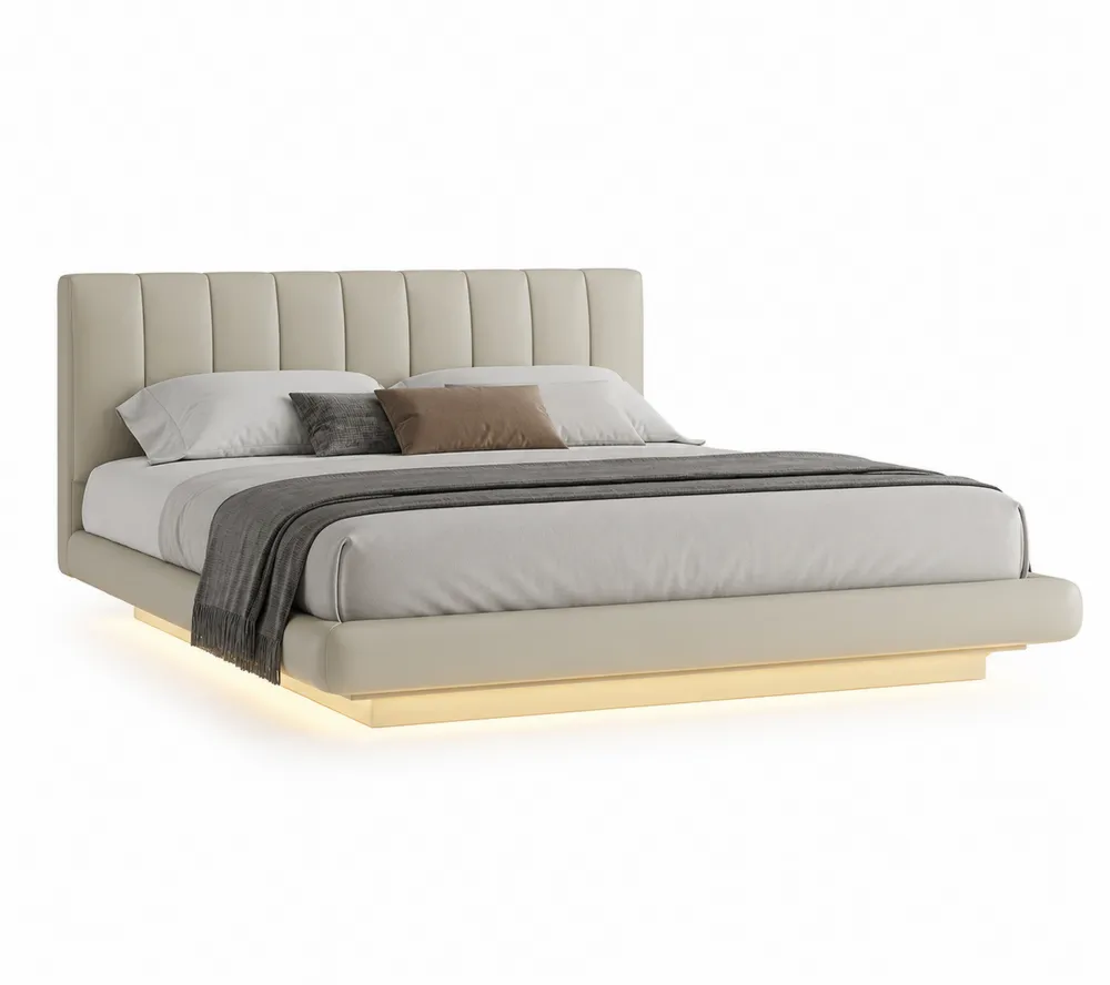 Polsterbett mit LED-Beleuchtung Kunstleder Beige 200x180