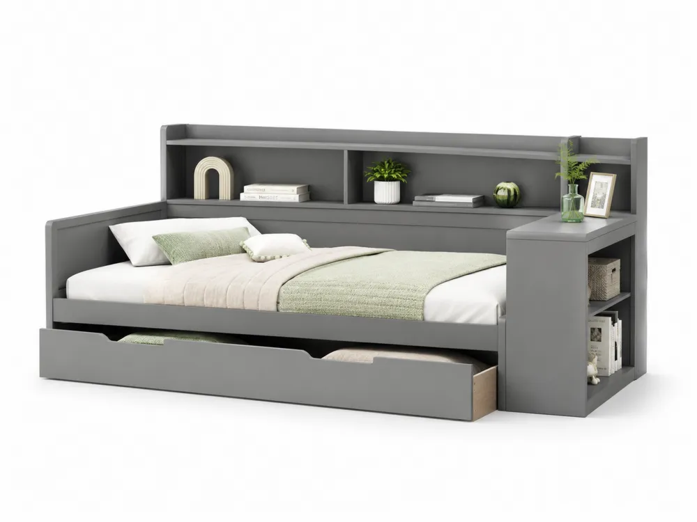 Holzbett mit Stauraum, Regal und Schubladen in Grau 200x90