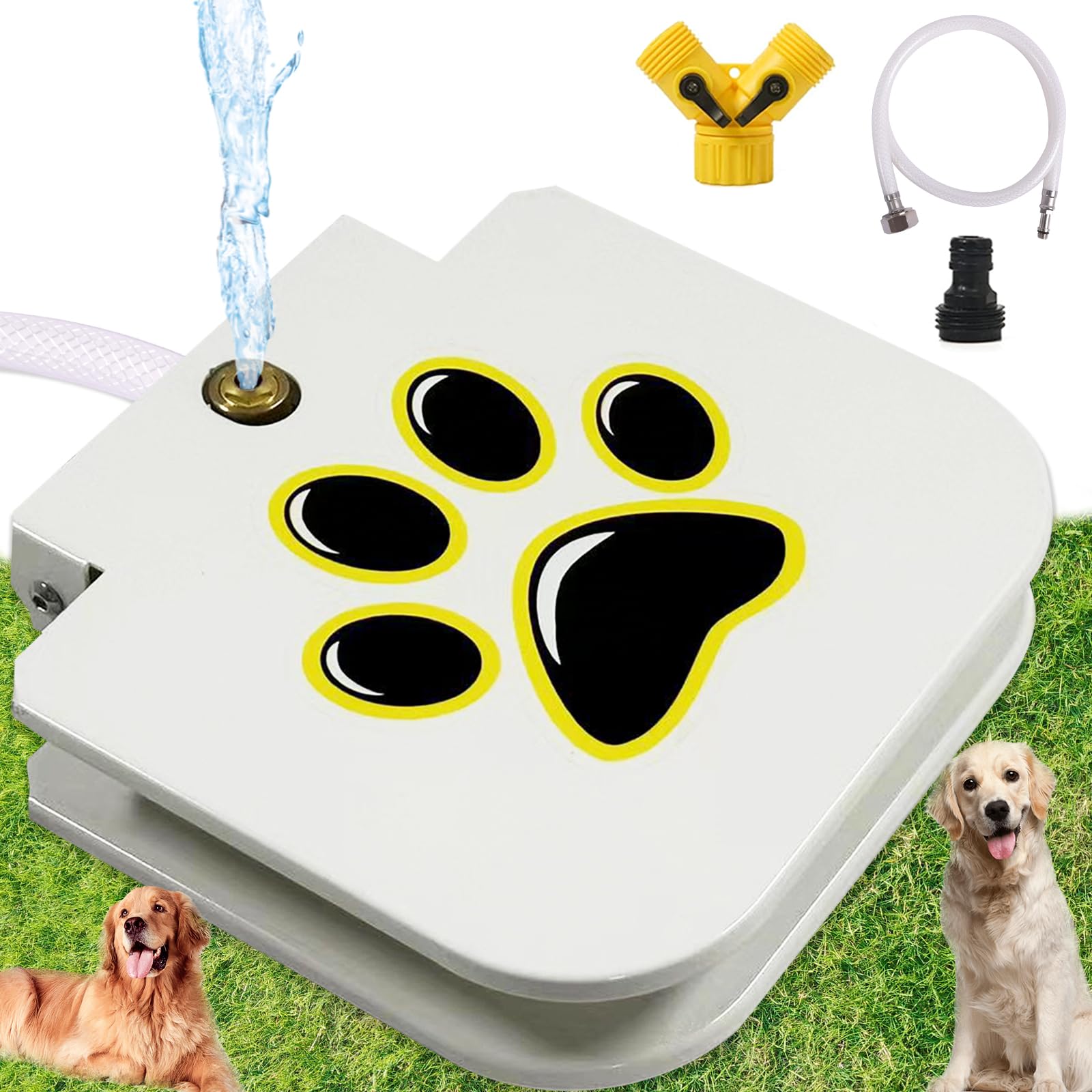 Outdoor Dog Water Fountain Step On - Upgrade Large Dog Sprinkler Drinking Water Dispenser Dog Paw Waterer Activated with Stainless Steel Braided Hose