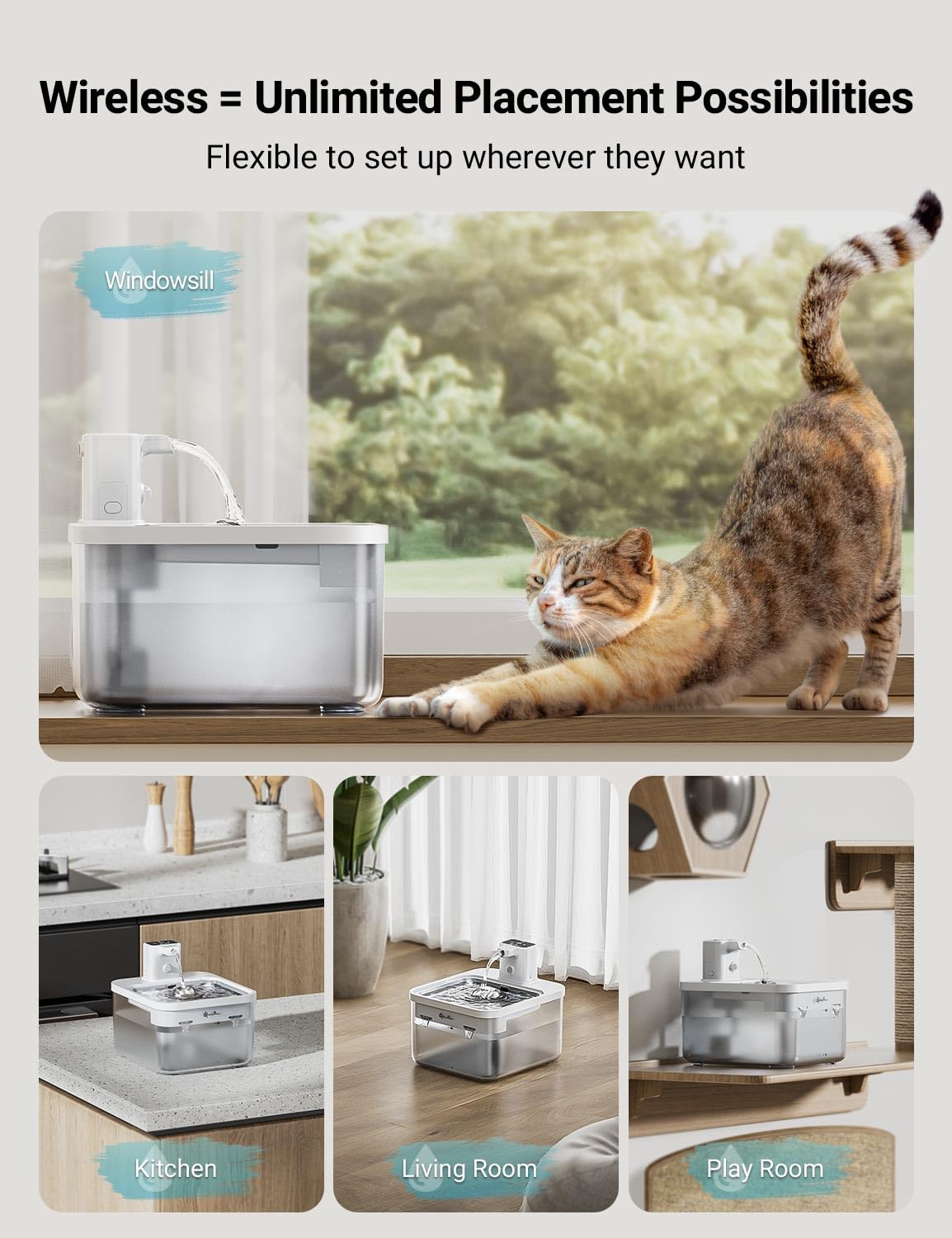 84oz/2.5L Wireless Pet Water Fountains  with Motion Sensor, Ultra Quiet Pump