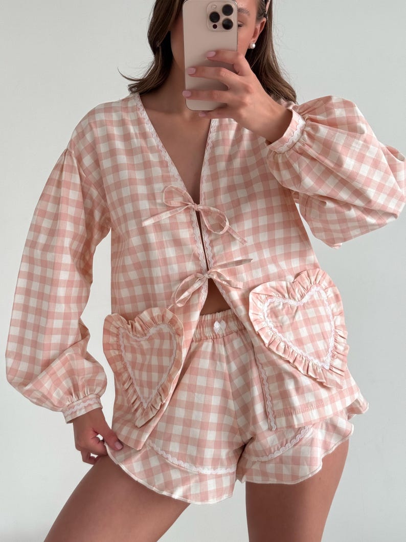 Sweet Heart Pocket Gingham Pajama Set
