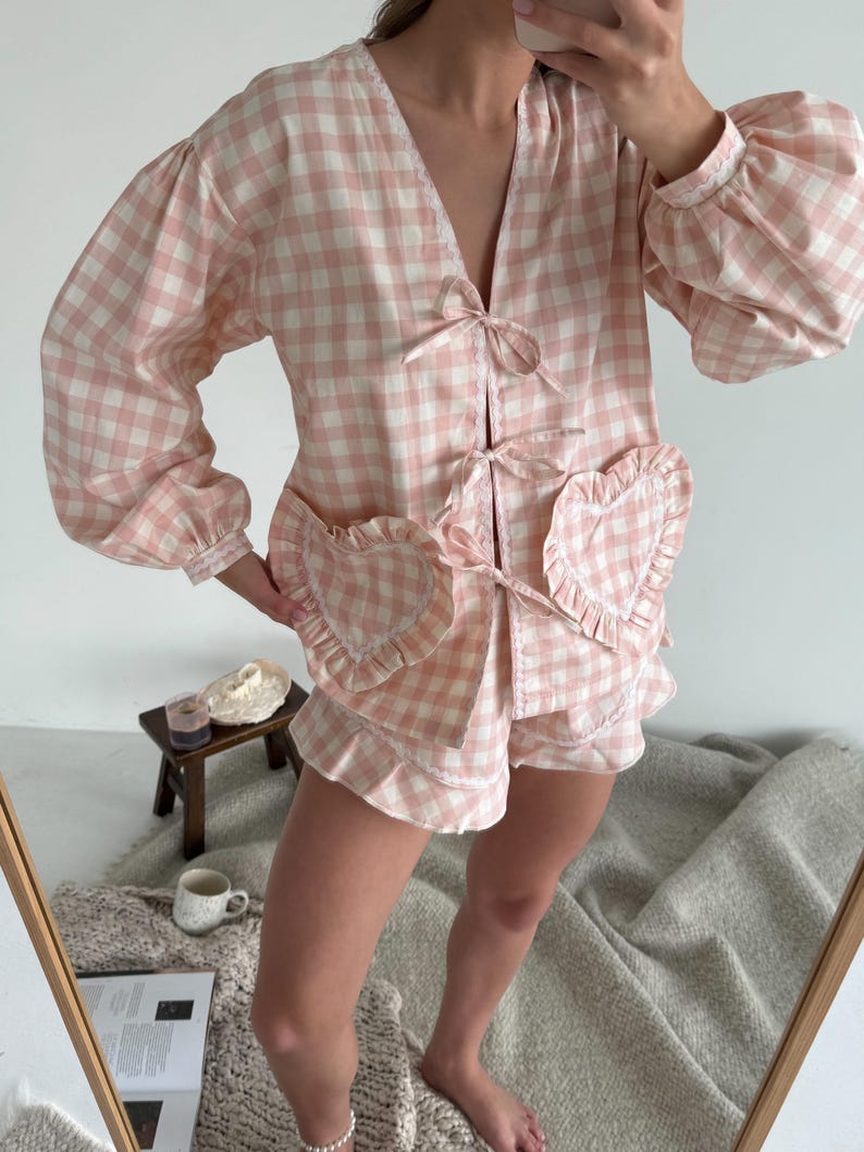 Sweet Heart Pocket Gingham Pajama Set