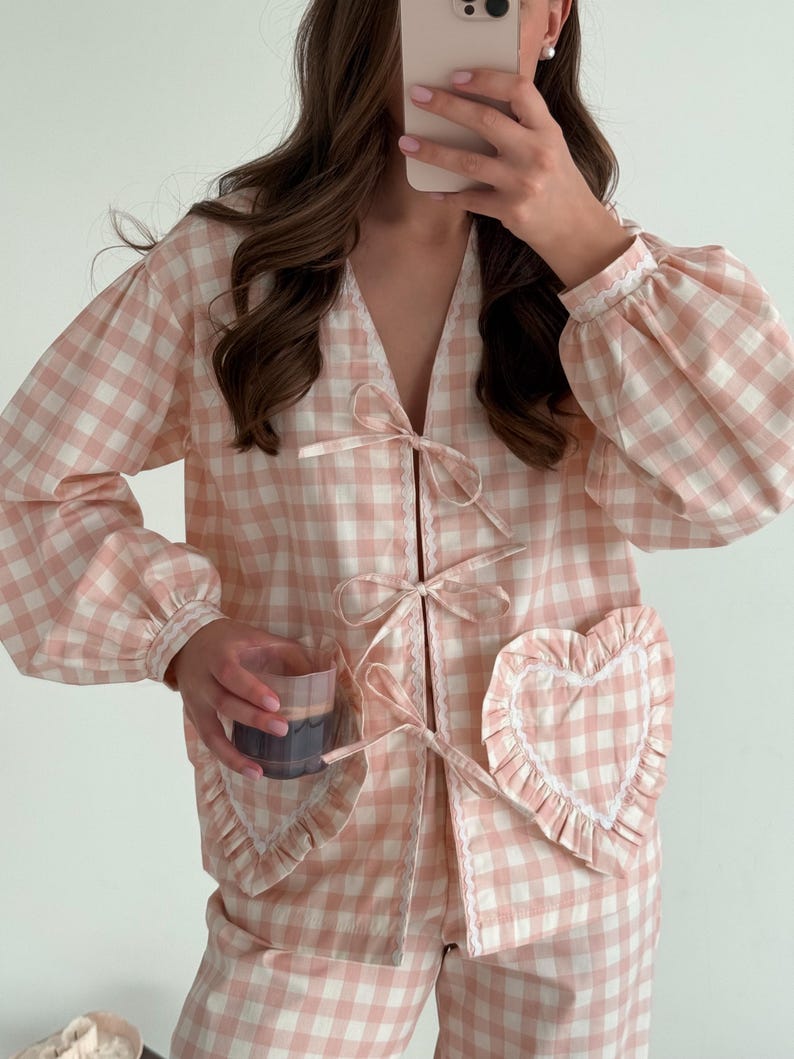 Sweet Heart Pocket Gingham Pajama Set