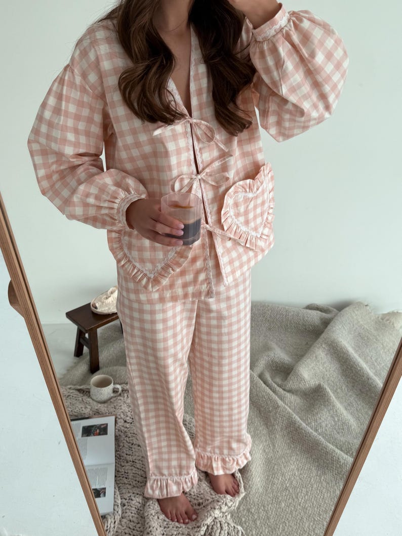 Sweet Heart Pocket Gingham Pajama Set