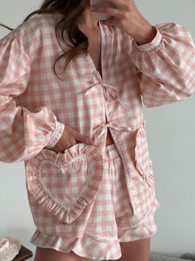 Sweet Heart Pocket Gingham Pajama Set
