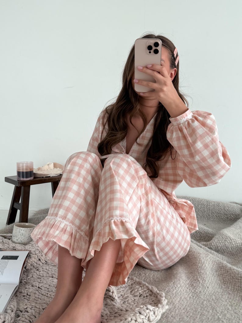 Sweet Heart Pocket Gingham Pajama Set