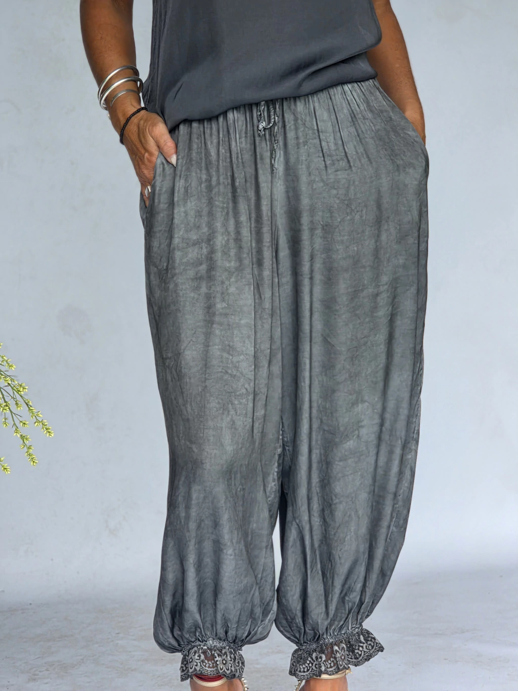 Multi Color Crinkle Satin Lace Cuff Elastic Waist Harem Jogger Pants