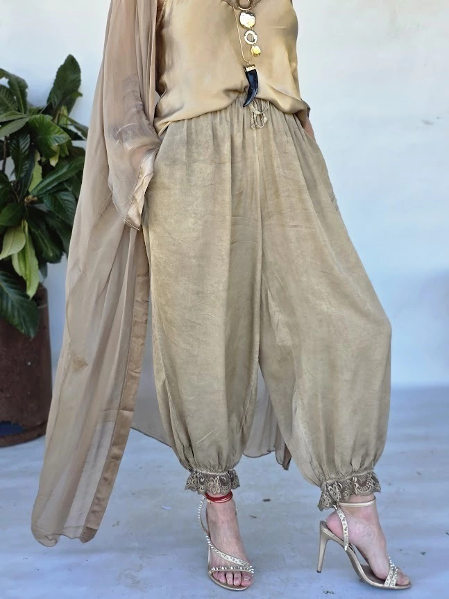 Multi Color Crinkle Satin Lace Cuff Elastic Waist Harem Jogger Pants
