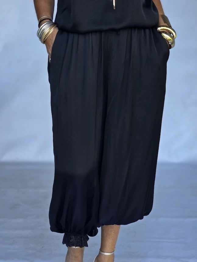 Multi Color Crinkle Satin Lace Cuff Elastic Waist Harem Jogger Pants