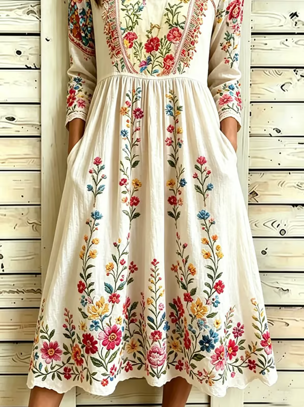 Women's Casual Loose-Fit Printed Round-Neck Dress
