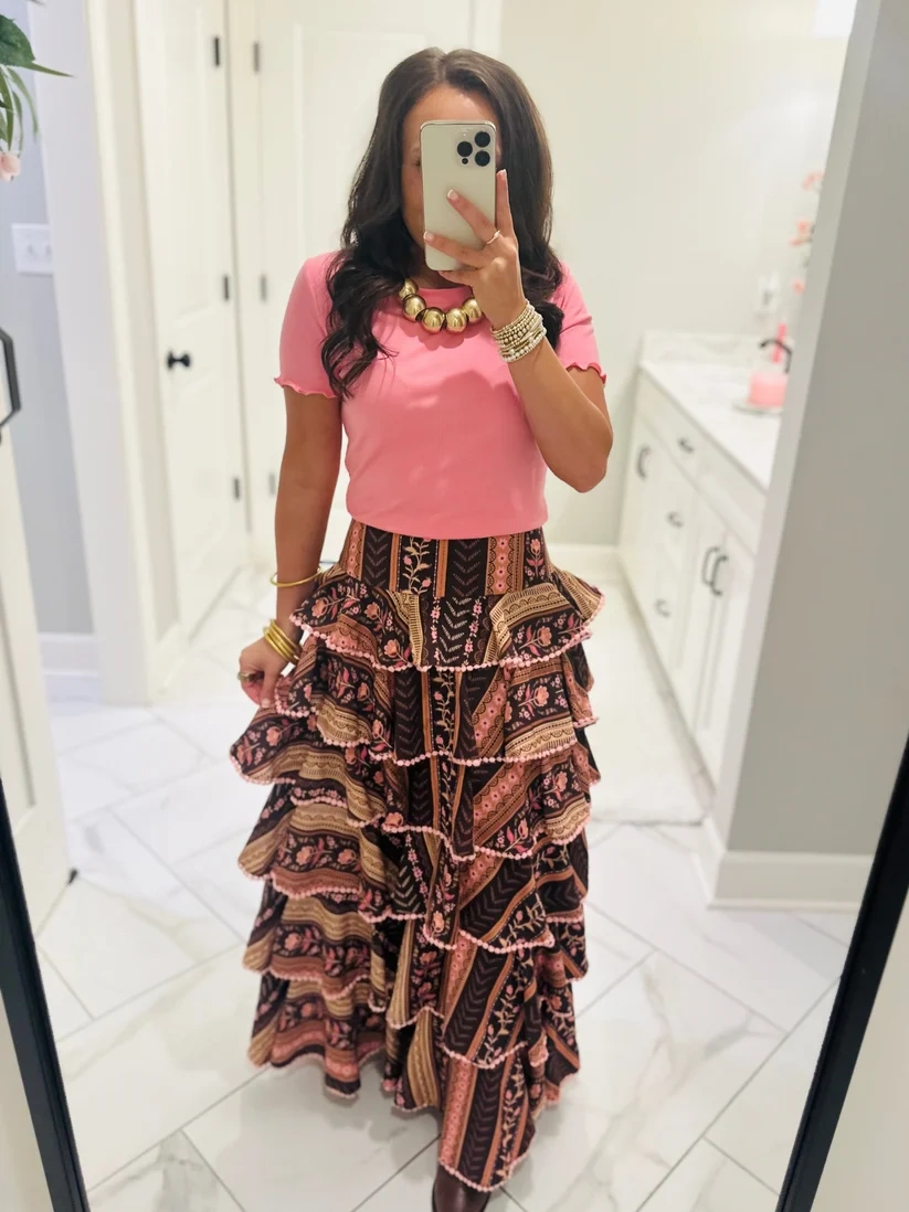 The Aubree Chocolate Brown Tiered Maxi Skirt