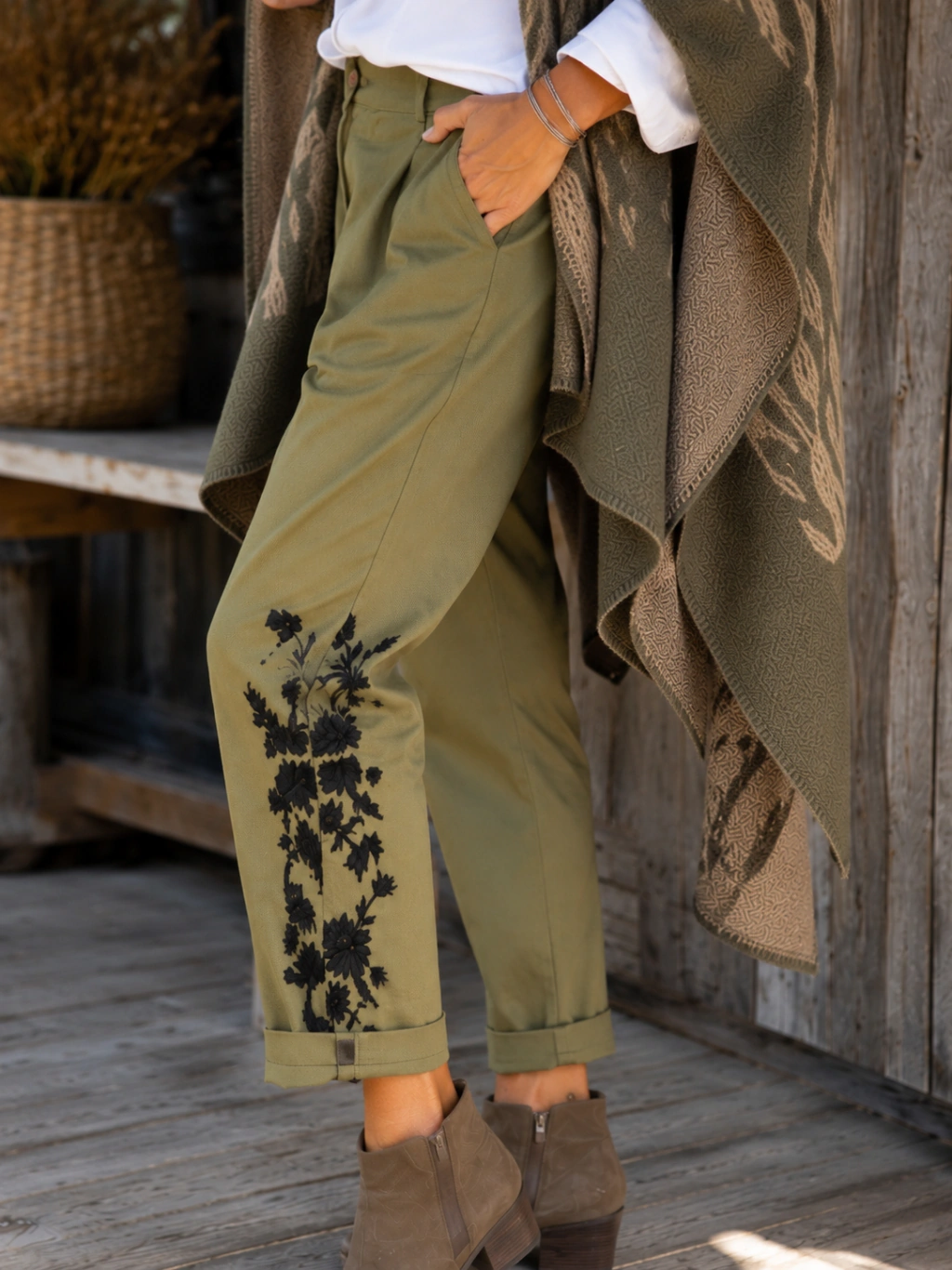 Olive Green Floral Embroidery Roll Cuff Straight Leg Ankle Pants