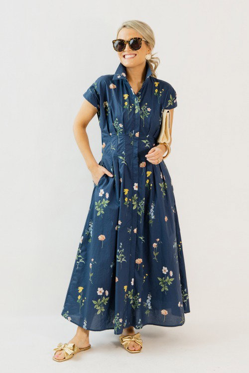 Pleated Floral Midi, Navy Mix