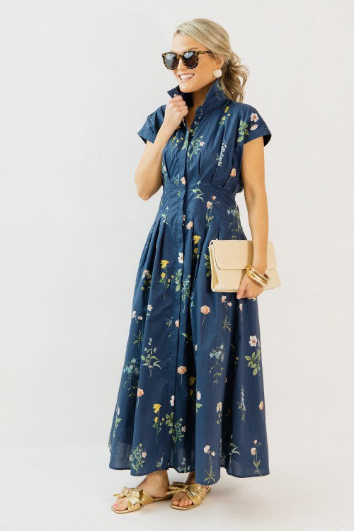 Pleated Floral Midi, Navy Mix