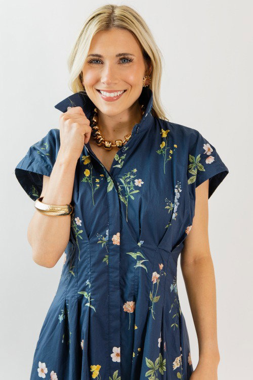 Pleated Floral Midi, Navy Mix
