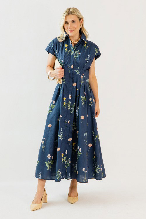Pleated Floral Midi, Navy Mix