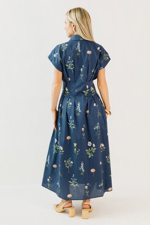 Pleated Floral Midi, Navy Mix