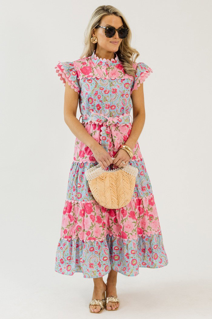 Floral Tiered Button Dress, Pink