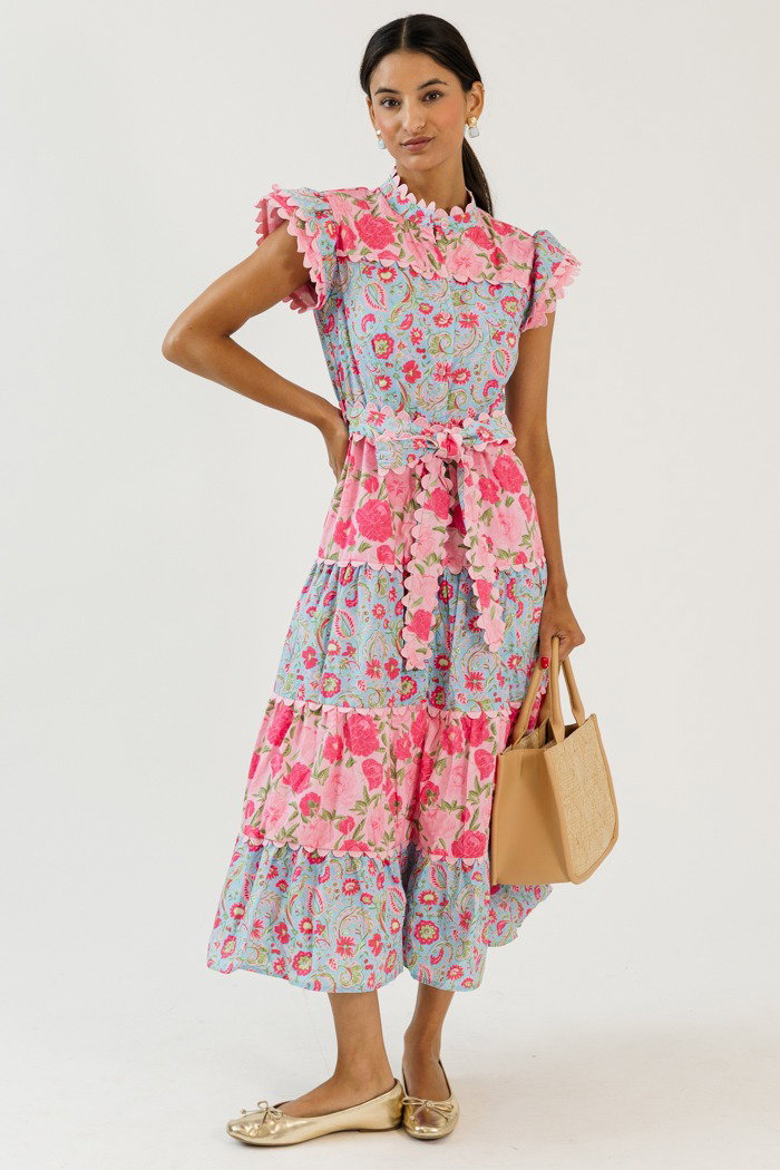 Floral Tiered Button Dress, Pink