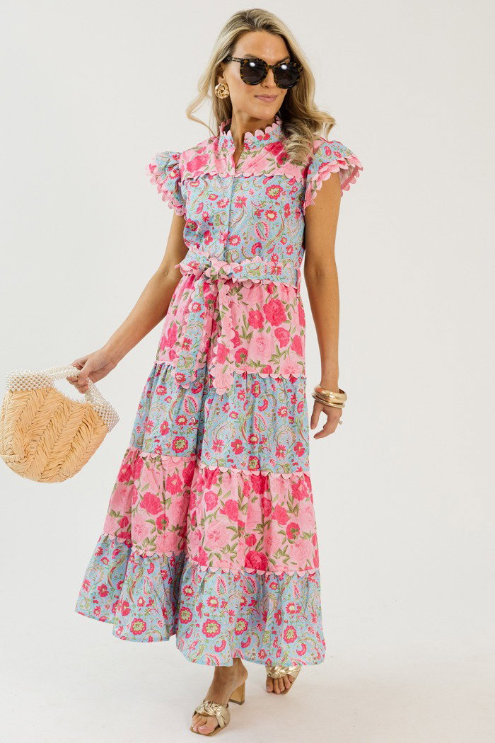 Floral Tiered Button Dress, Pink