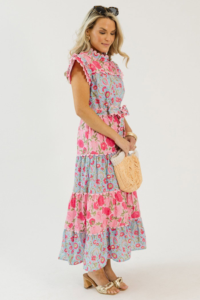 Floral Tiered Button Dress, Pink
