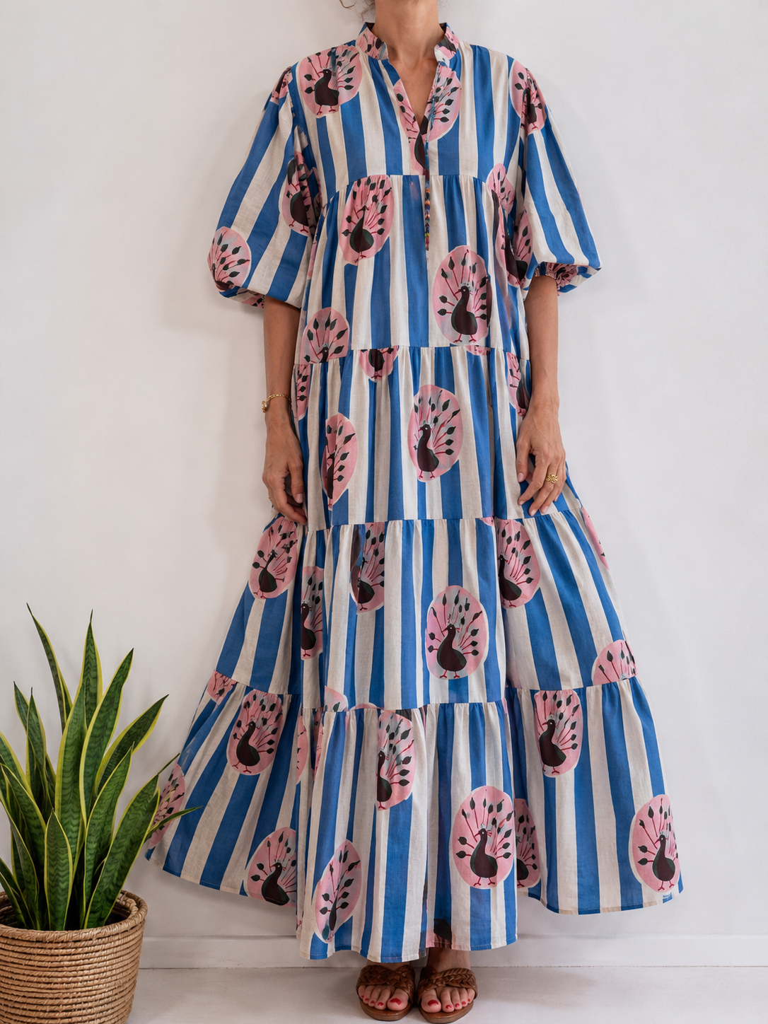 Colorful Stripe Print V‑Neck Midi Dress