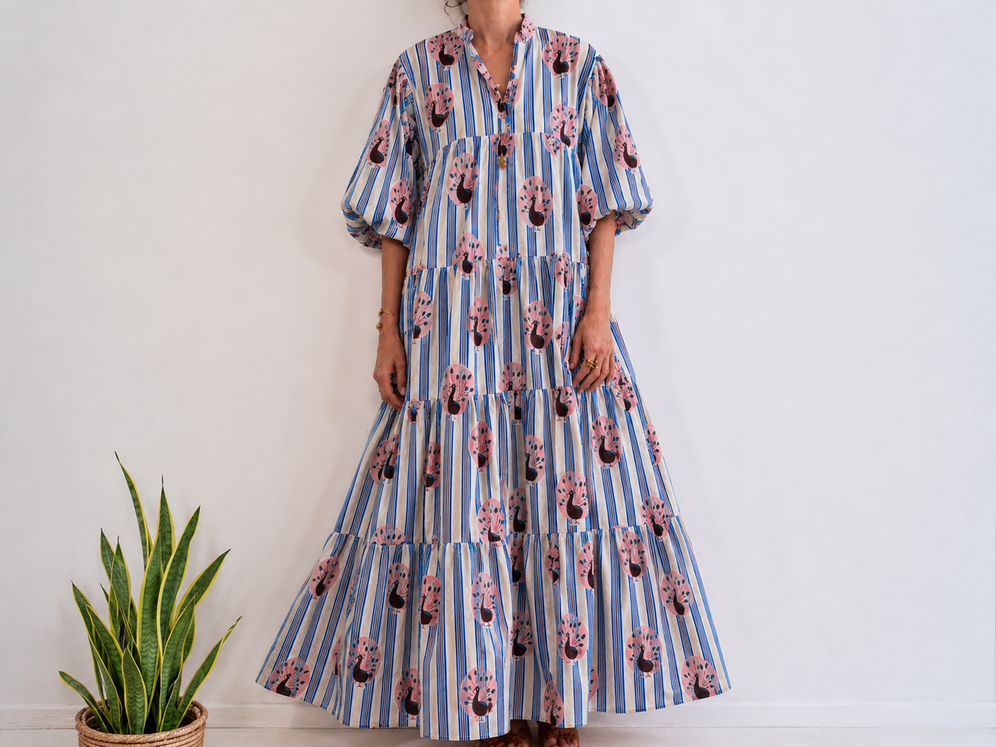 Colorful Stripe Print V‑Neck Midi Dress