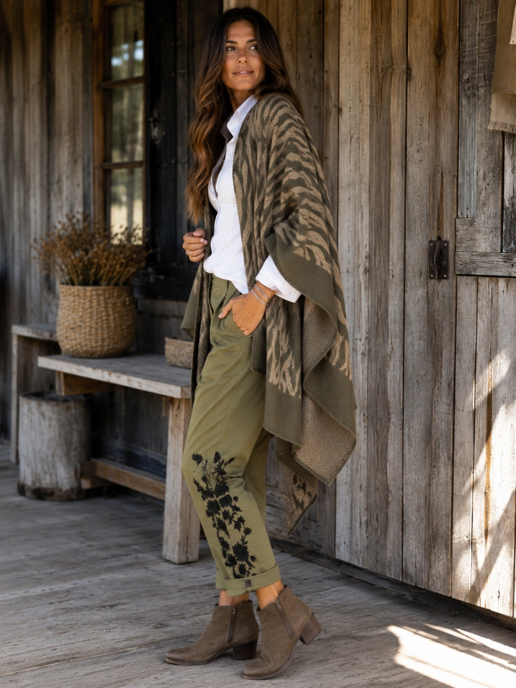 Olive Green Floral Embroidery Roll Cuff Straight Leg Ankle Pants