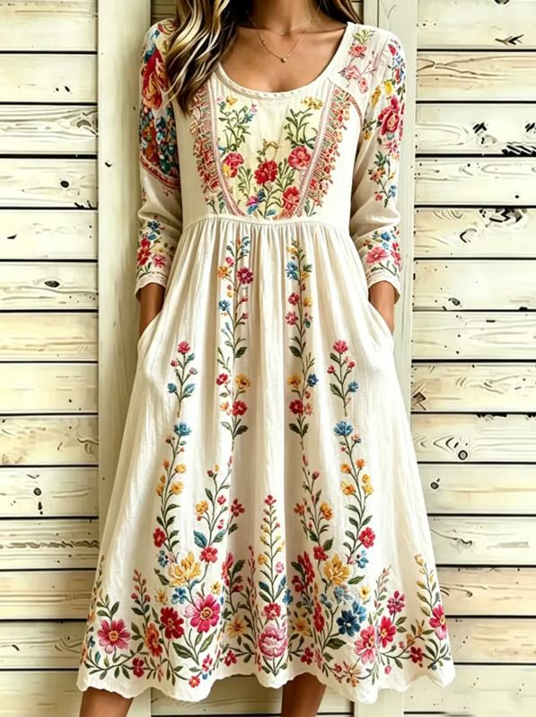 Women's Casual Loose-Fit Printed Round-Neck Dress
