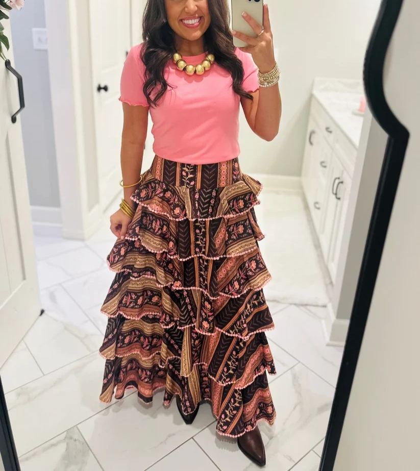 The Aubree Chocolate Brown Tiered Maxi Skirt