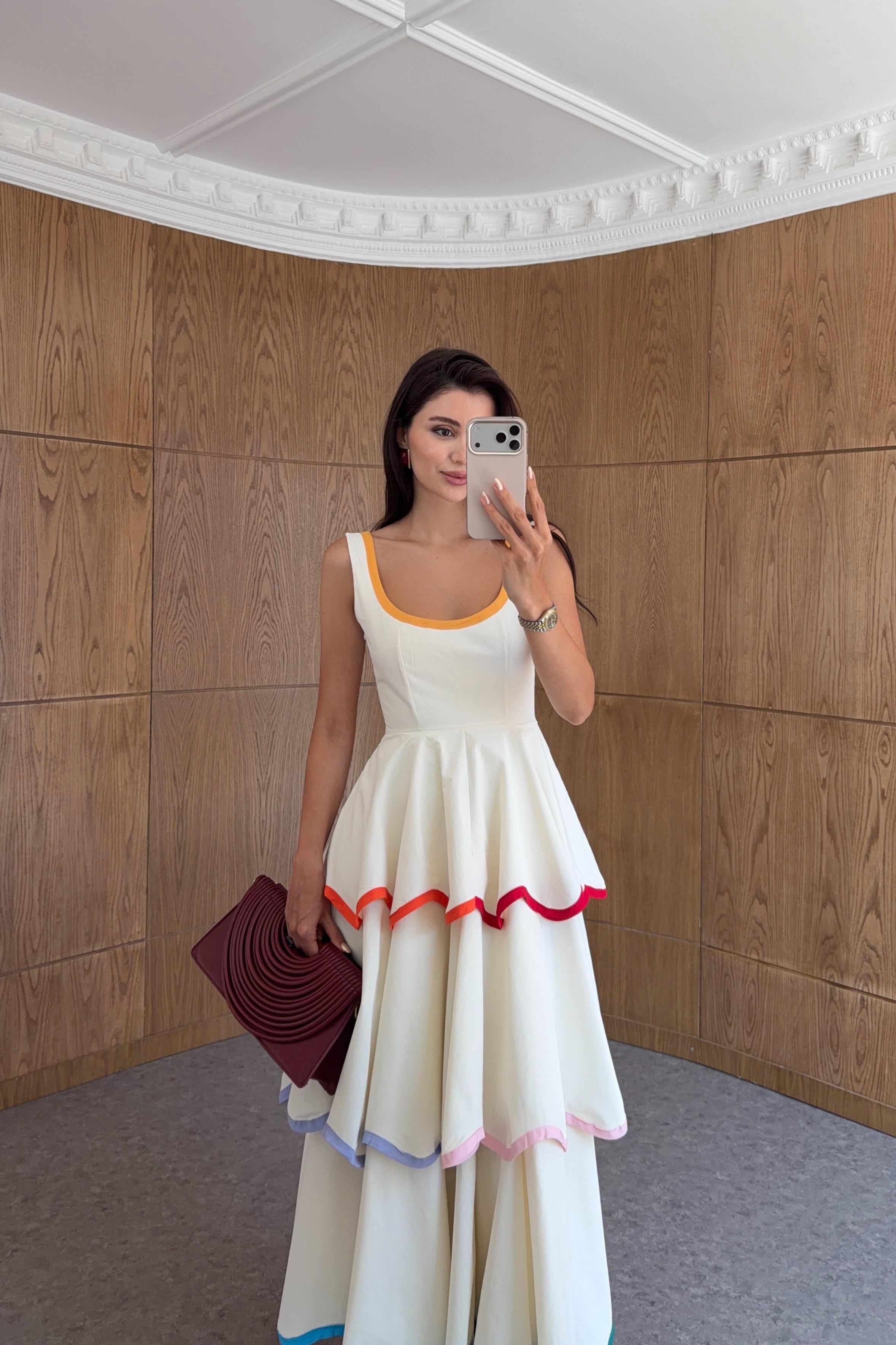 Rainbow Contrast Scalloped Tiered Sleeveless Swing Maxi Dress