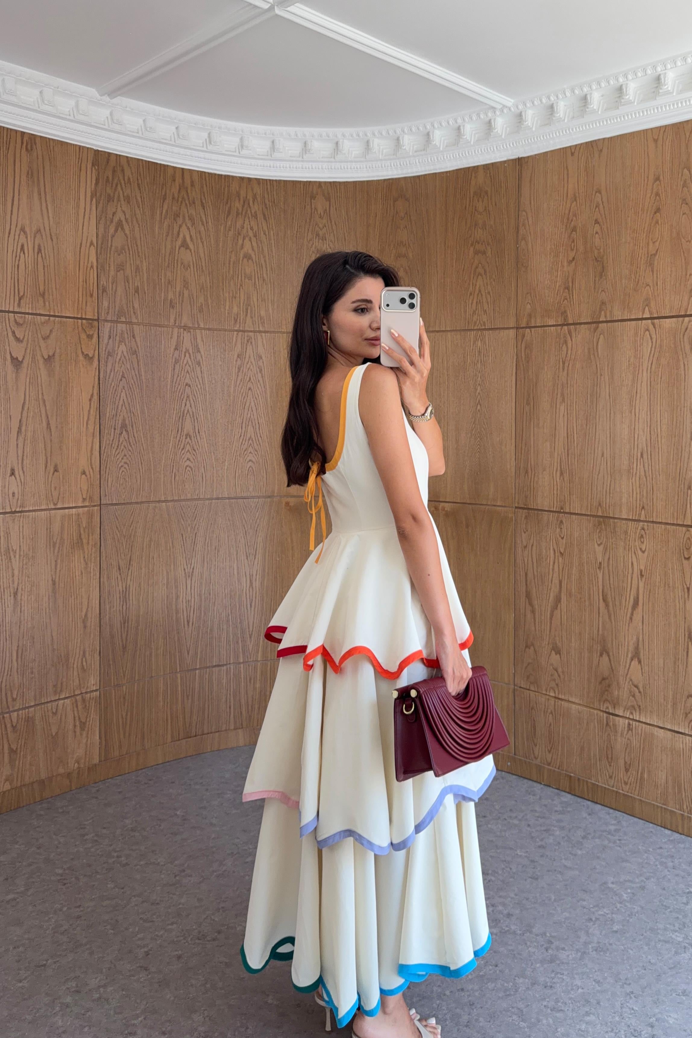 Rainbow Contrast Scalloped Tiered Sleeveless Swing Maxi Dress