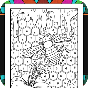 Line art coloring page featuring a bee design surrounded by honeycomb pattern. Shows detailed wings and body structure in black and white.