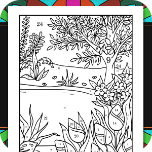 Black and white line art illustrations showing natural outdoor scenes with trees and foliage patterns.