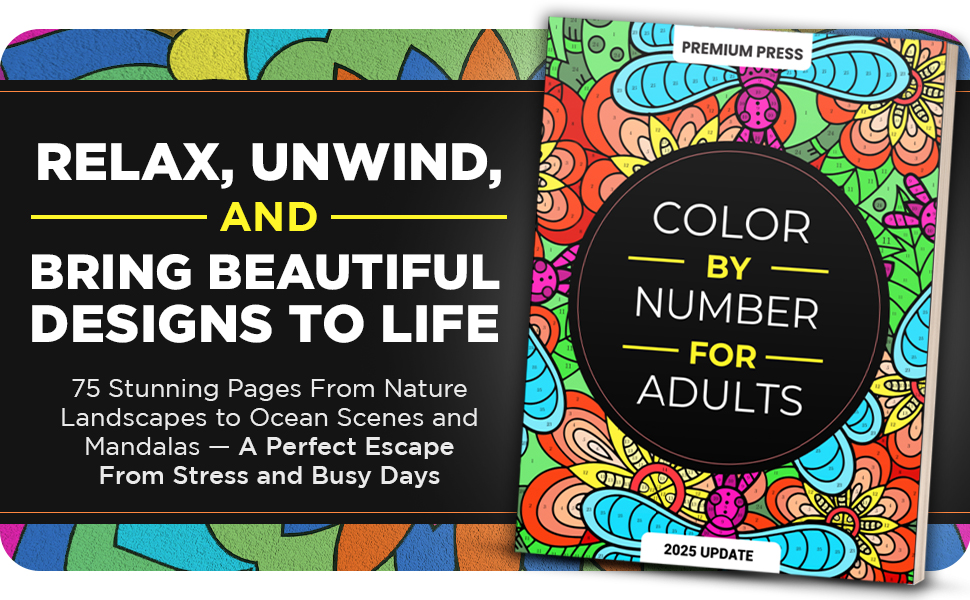 Text reads 'RELAX, UNWIND, AND', 'COLOR', 'BRING BEAUTIFUL DESIGNS TO LIFE', 'NUMBER', 'ADULTS'. Colorful abstract pattern designs in sequential panels.