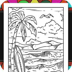 Black and white line drawing of a beach scene with palm tree, mountains, birds, and ocean waves creating a tropical landscape.