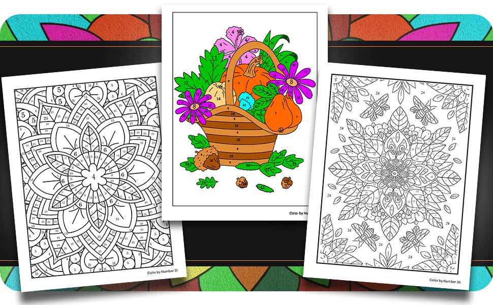 Collection of coloring pages featuring floral and nature designs, some colored with bright hues and others remaining as black and white line drawings.