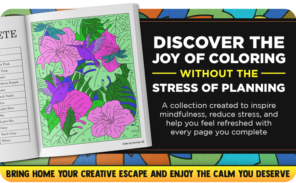 Text reads 'DISCOVER THE JOY OF COLORING WITHOUT THE STRESS OF PLANNING' with 'BRING HOME YOUR CREATIVE ESCAPE AND ENJOY THE CALM YOU DESERVE'. Shows colorful tropical plant designs.