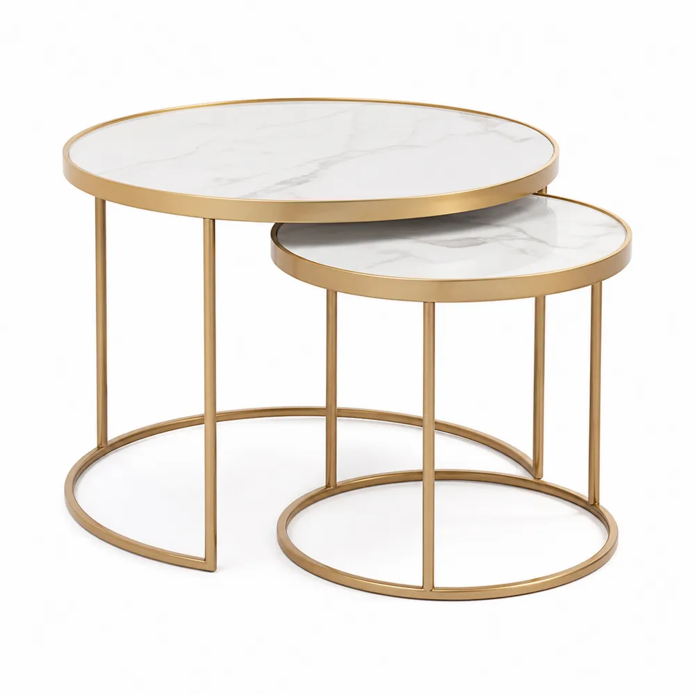 Runder Satztisch aus Marmor und Metall, Weiß/Gold, Höhe 45/40 cm