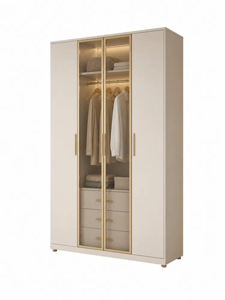 Kleiderschrank aus Holz mit gehärteten Glastüren, 220 cm hoch, Beige und Gold