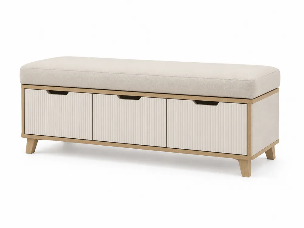Sitzbank mit Stauraum 3-Fächer Eichenholz Baumwollstoff Beige 120cm