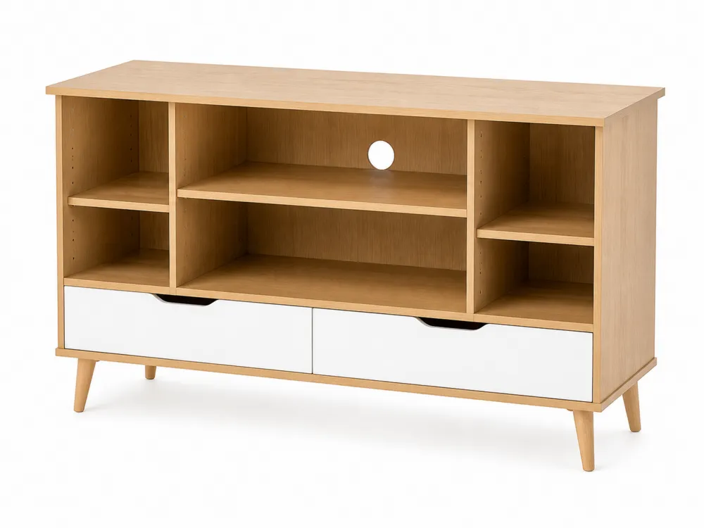 TV-Schrank aus Holz mit Schubladen und Regalen Natur/Weiß