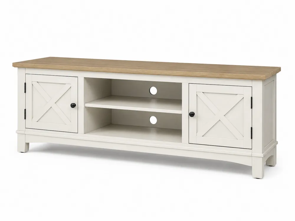 TV-Schrank aus Holz mit Türen und Regalen in Weiß