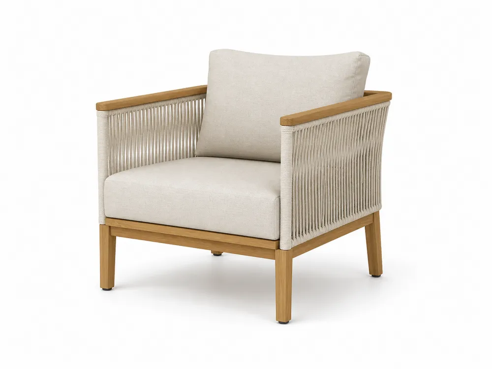 Outdoor-Sessel Teakholz Polyester Seil Polyester-Schaum Creme 80x75x75 cm