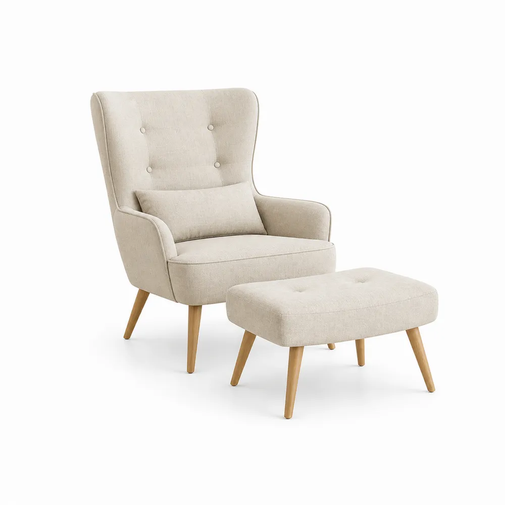 Sessel mit Fußhocker Set Beige Stoff und Holz