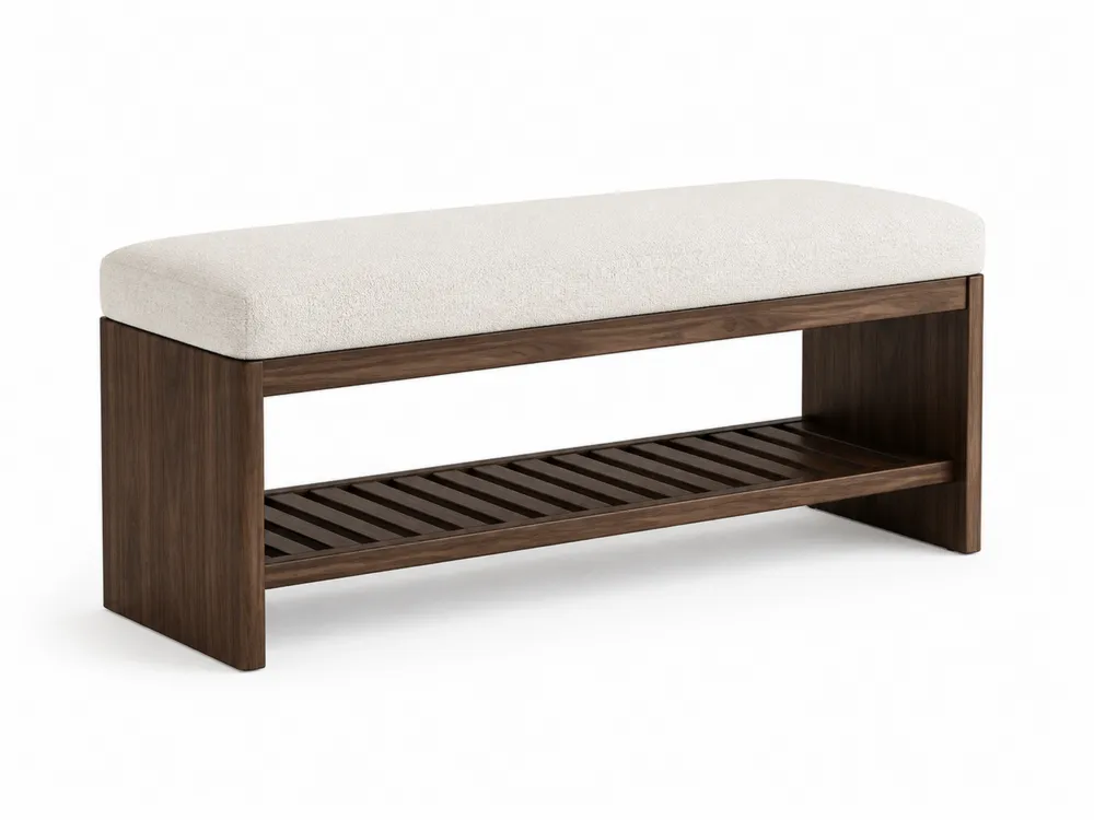 Polsterbank aus Walnussholz und Baumwolle Beige mit Ablagefläche