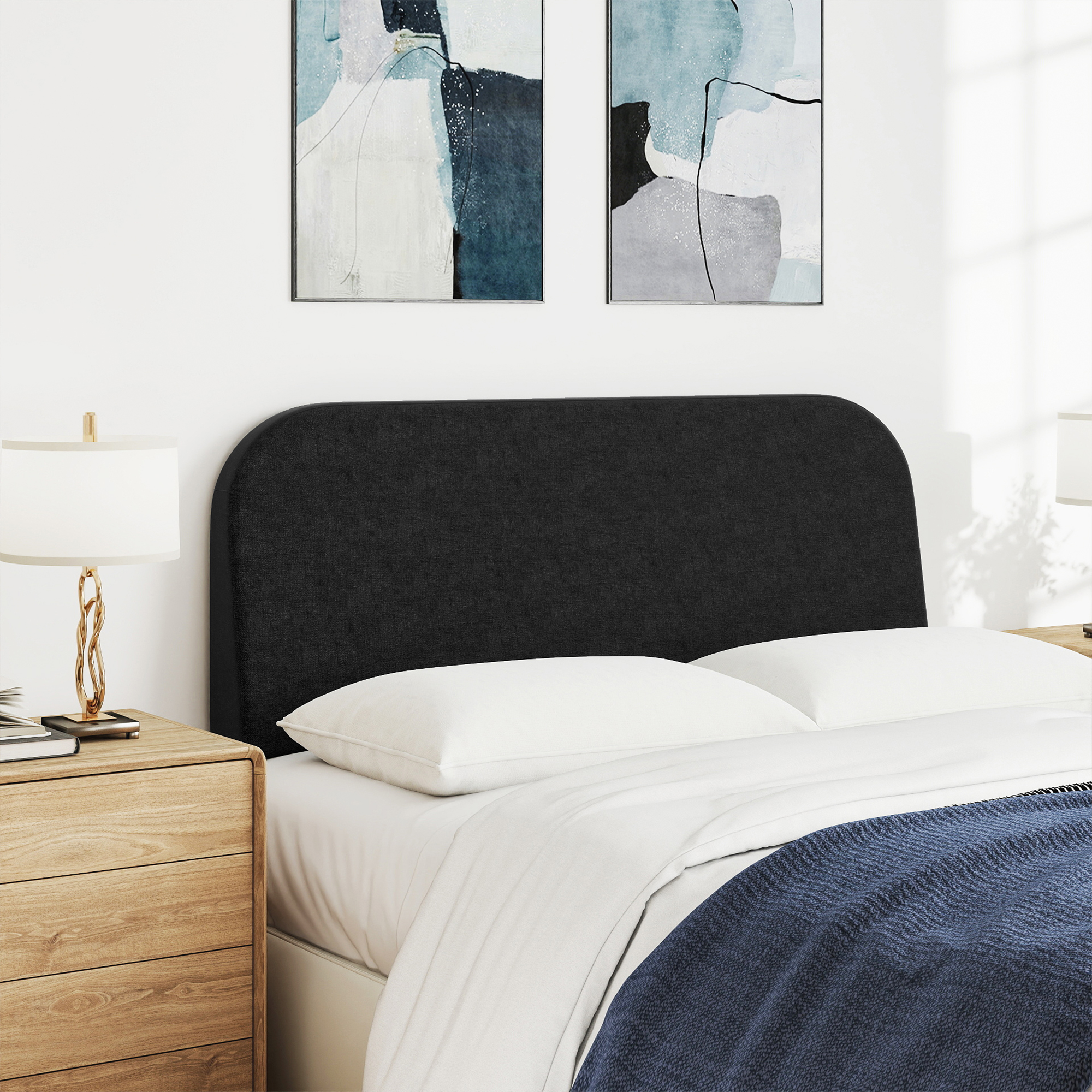 Full Size No-Assembly 6" Thick Upholstered T-Shaped Headboard, Soft Linen Padded Wedge Backrest for Platform Beds & Metal Bed Frames, Fits 6"-15" Mattresses, Headboard Only- Black