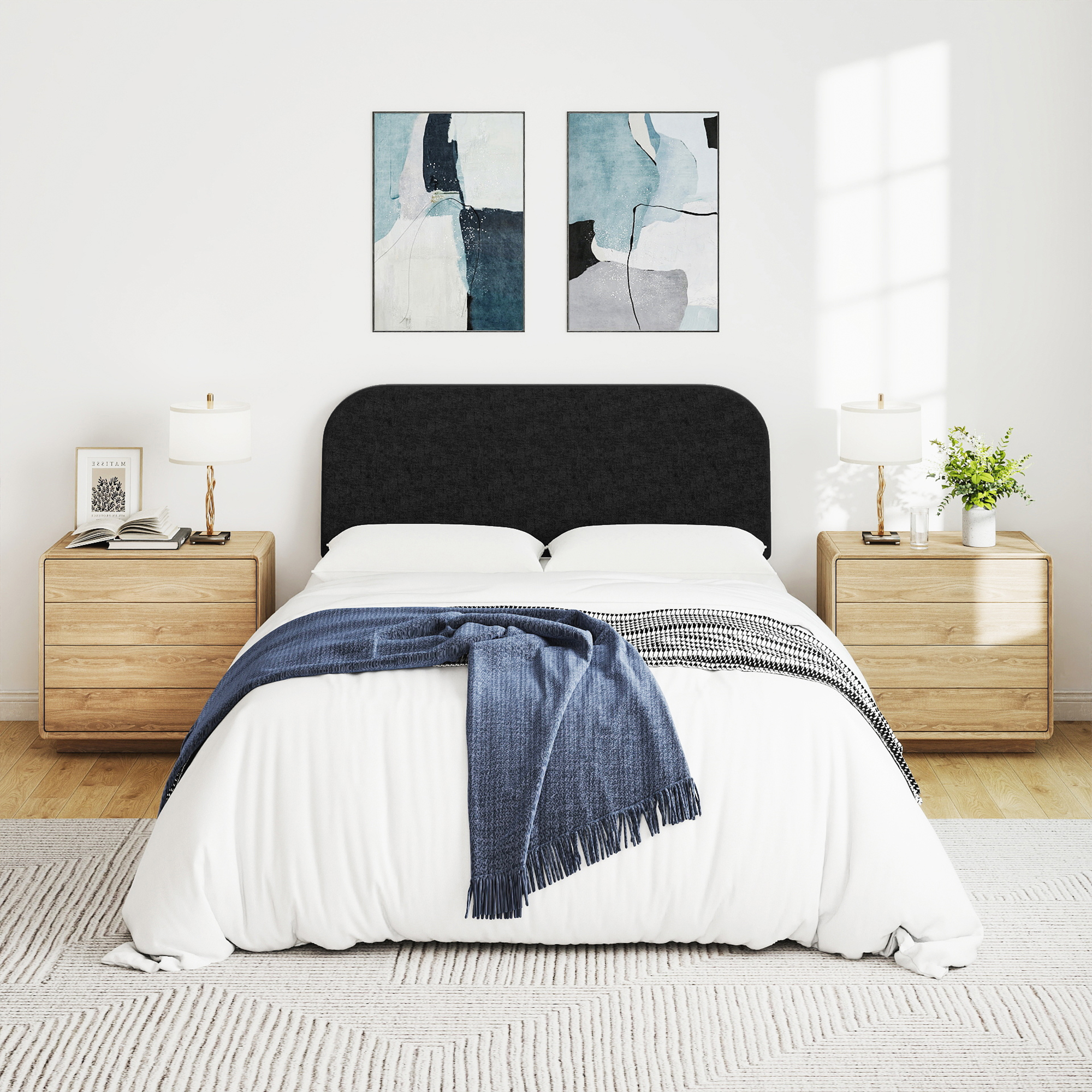 Full Size No-Assembly 6" Thick Upholstered T-Shaped Headboard, Soft Linen Padded Wedge Backrest for Platform Beds & Metal Bed Frames, Fits 6"-15" Mattresses, Headboard Only- Black
