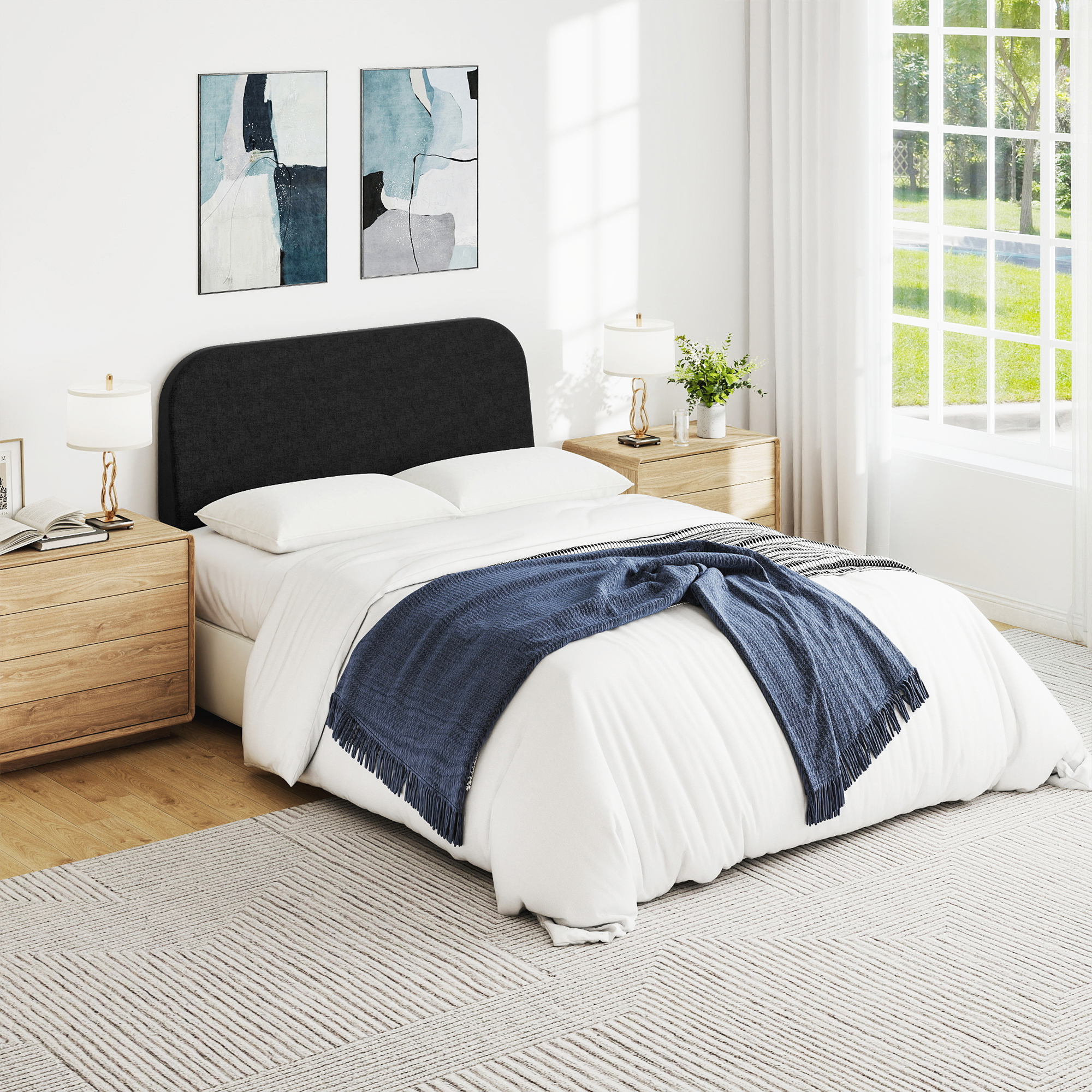 Full Size No-Assembly 6" Thick Upholstered T-Shaped Headboard, Soft Linen Padded Wedge Backrest for Platform Beds & Metal Bed Frames, Fits 6"-15" Mattresses, Headboard Only- Black