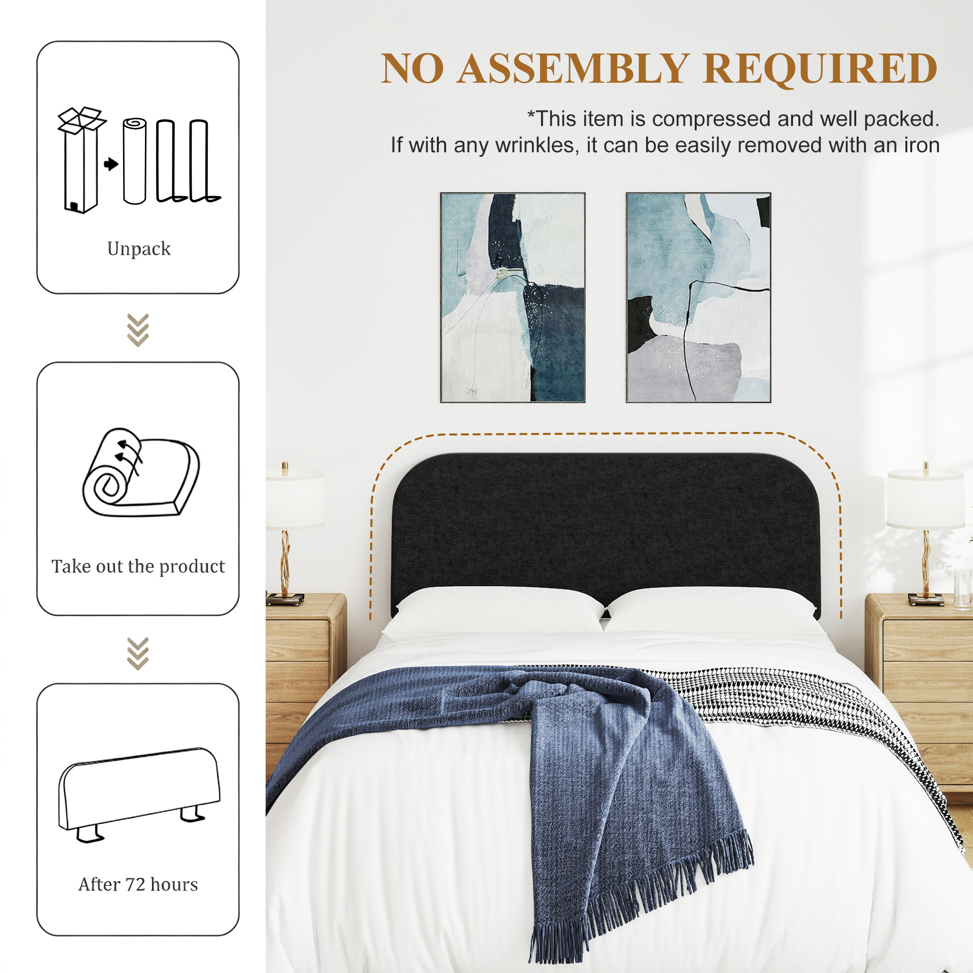 Full Size No-Assembly 6" Thick Upholstered T-Shaped Headboard, Soft Linen Padded Wedge Backrest for Platform Beds & Metal Bed Frames, Fits 6"-15" Mattresses, Headboard Only- Black